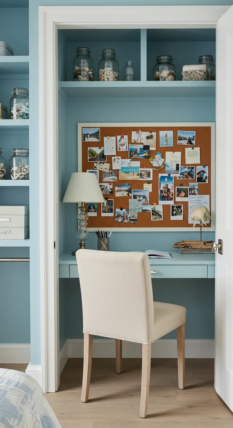Bureau bleu pastel avec grand tableau en liège et décoration côtière.