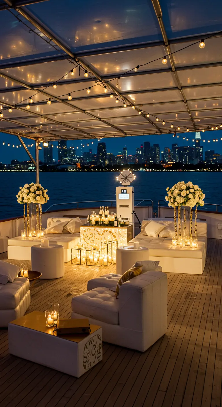 Terrasse de yacht de luxe décorée pour une fête avec des canapés blancs et des bougies.