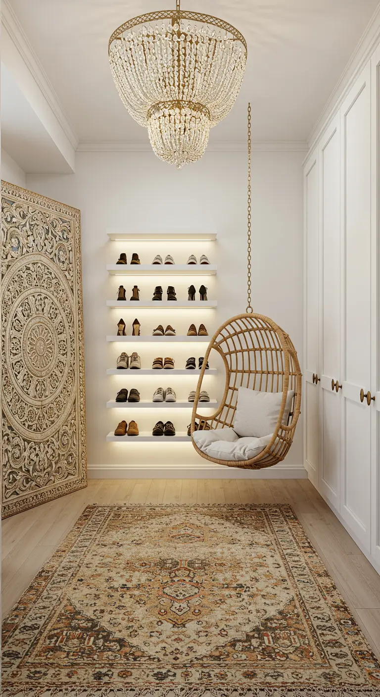Dressing blanc avec un fauteuil suspendu en rotin, un tapis persan et un panneau mural sculpté.