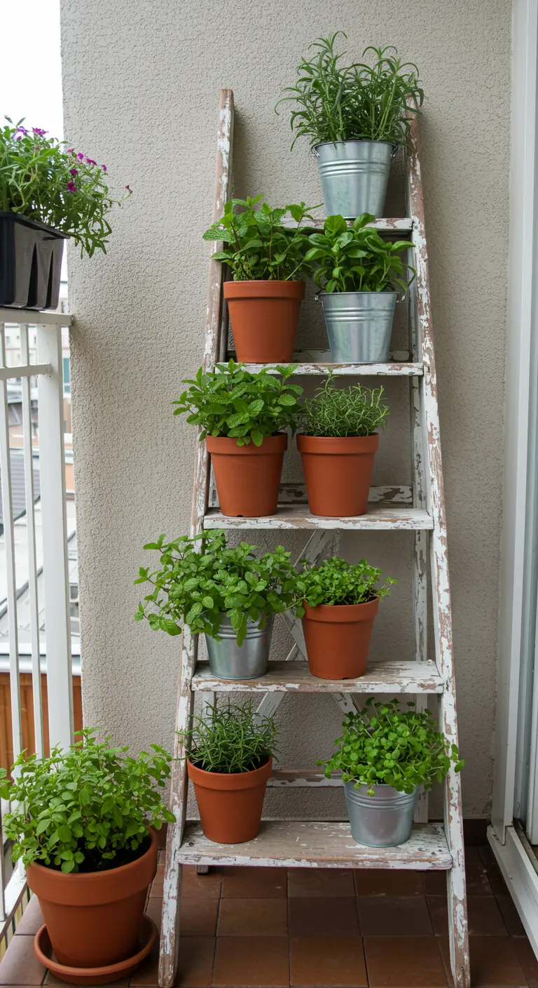 Vieille échelle en bois blanche utilisée comme support pour des pots d'herbes aromatiques.