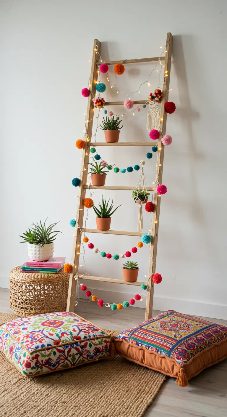 Échelle en bois décorée de guirlandes de pompoms colorés, de lumières et de petites plantes.