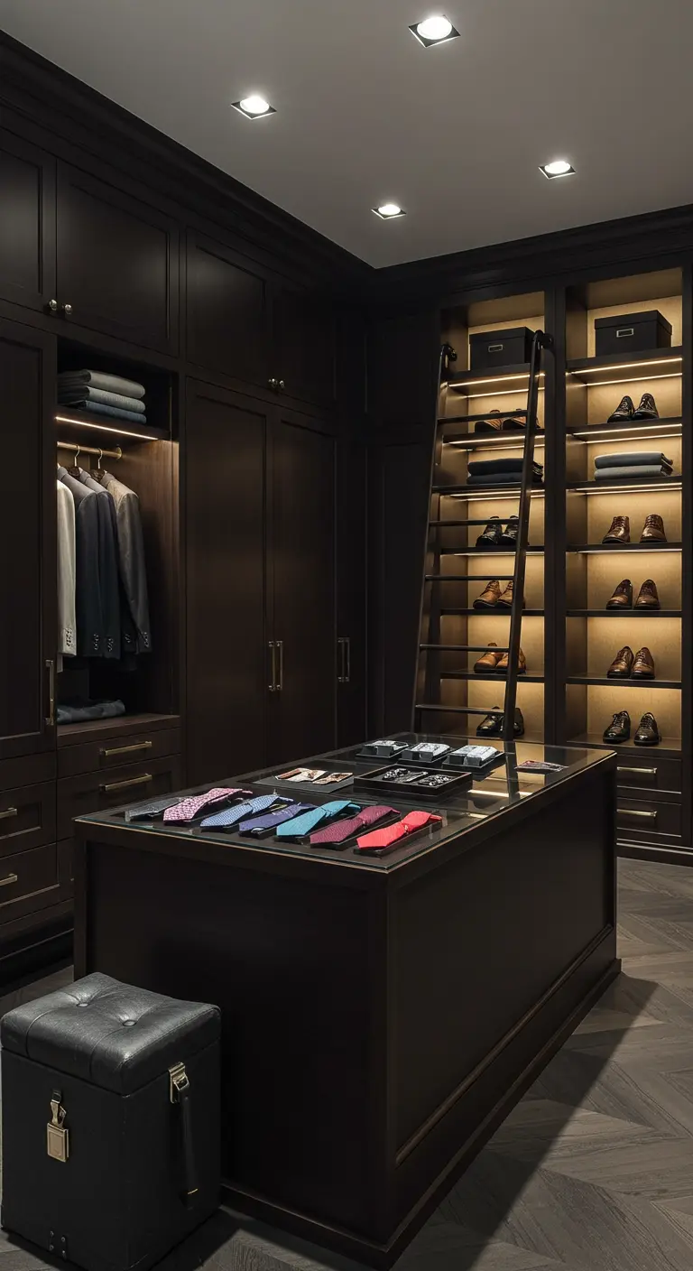 Dressing en bois sombre avec une échelle coulissante pour accéder aux étagères supérieures.