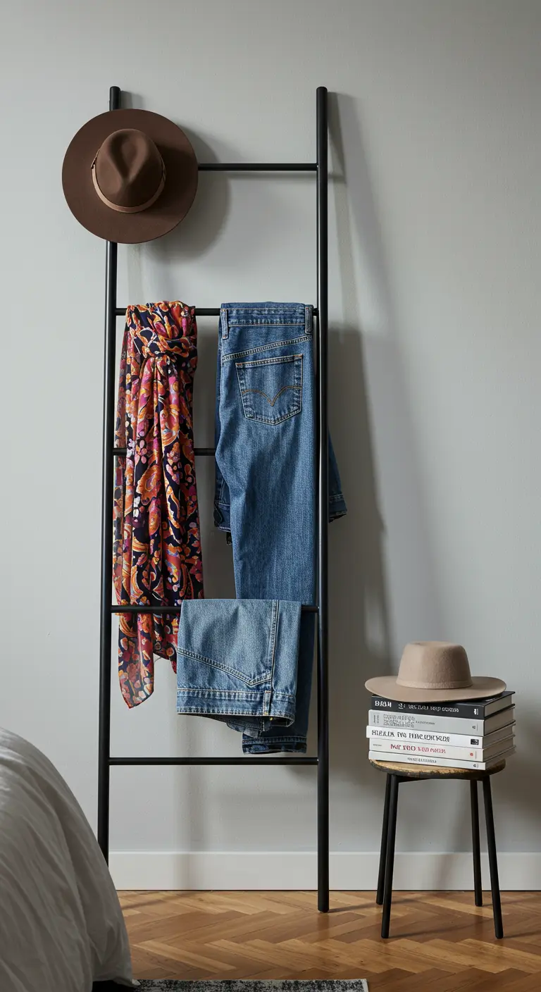 Échelle décorative noire appuyée contre un mur, servant de portant pour un jean et un foulard.