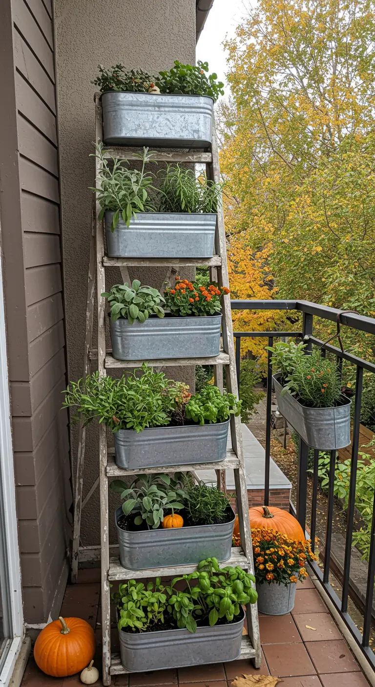 Une échelle en bois servant de support pour un jardin d'herbes aromatiques sur un balcon.