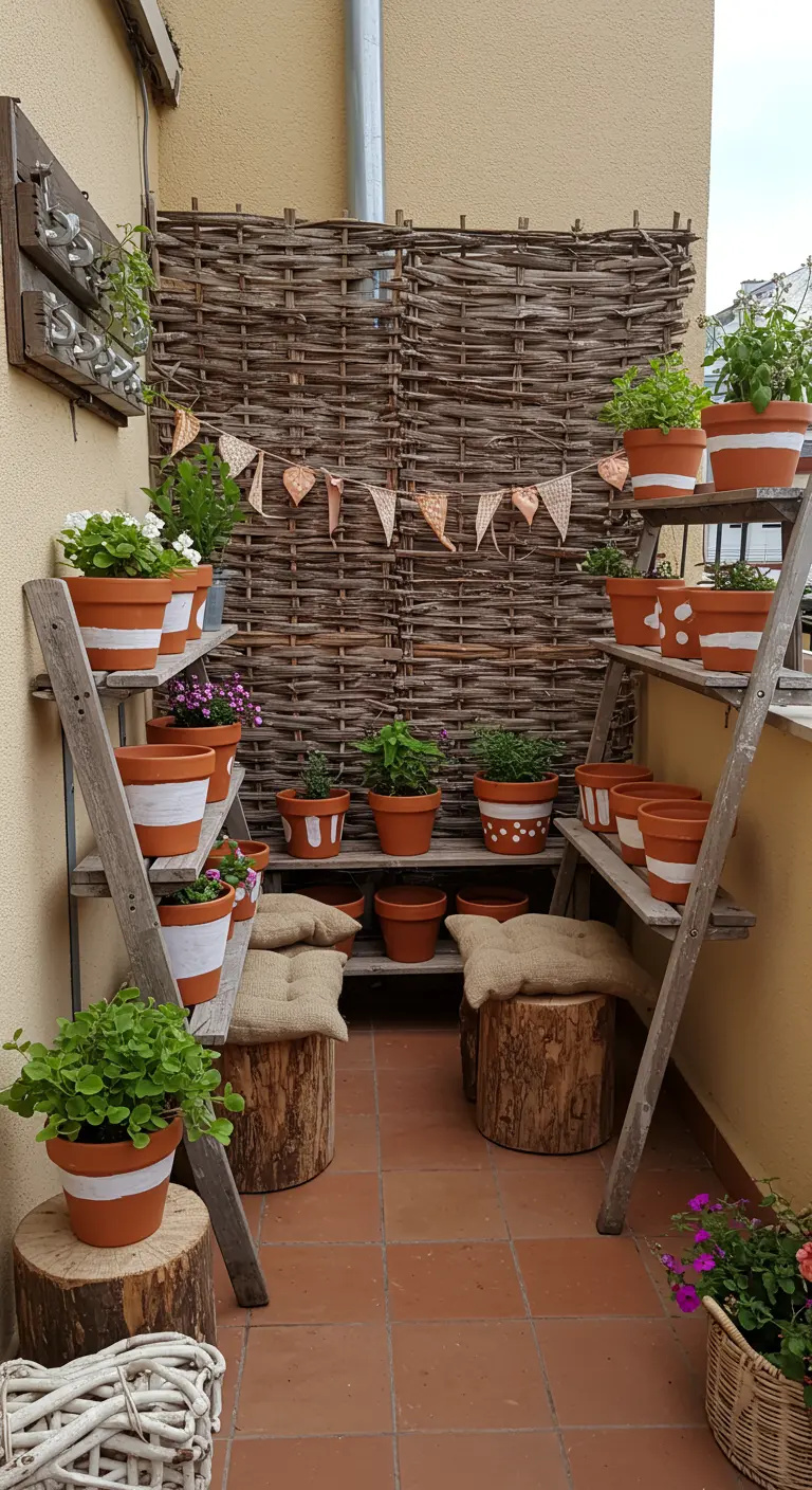 Étagères en échelle rustique avec des pots en terre cuite peints.