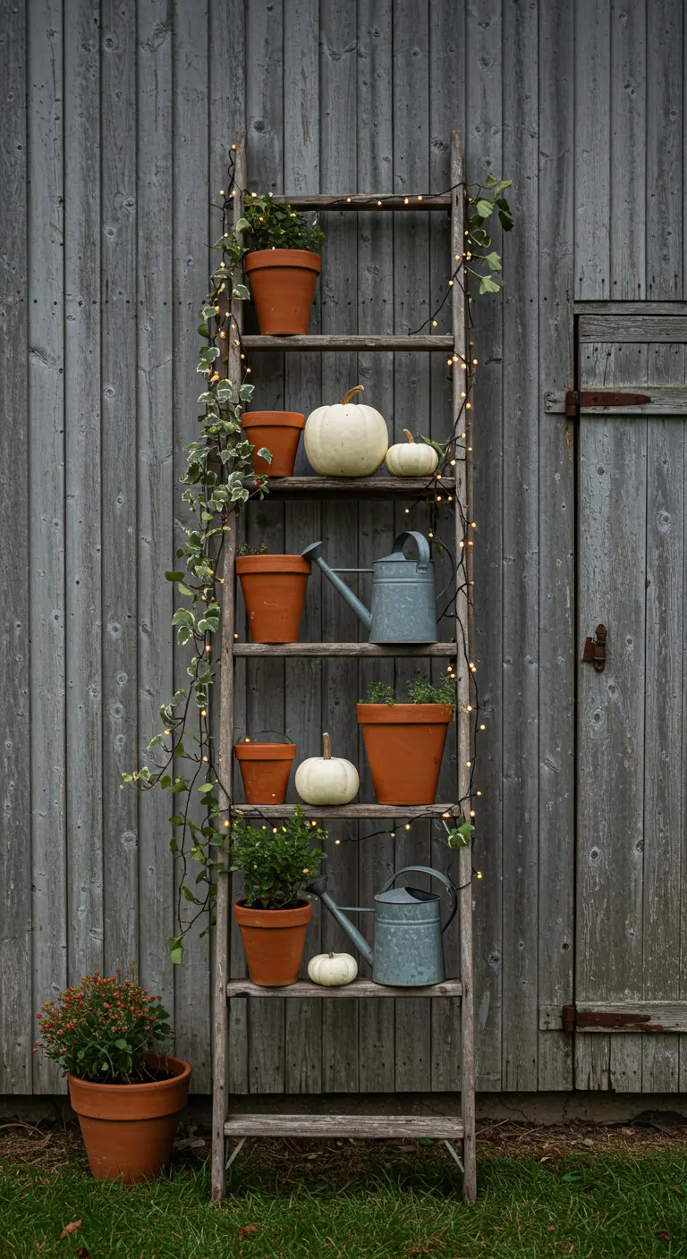 Une échelle en bois décorée de pots, citrouilles et guirlandes lumineuses.