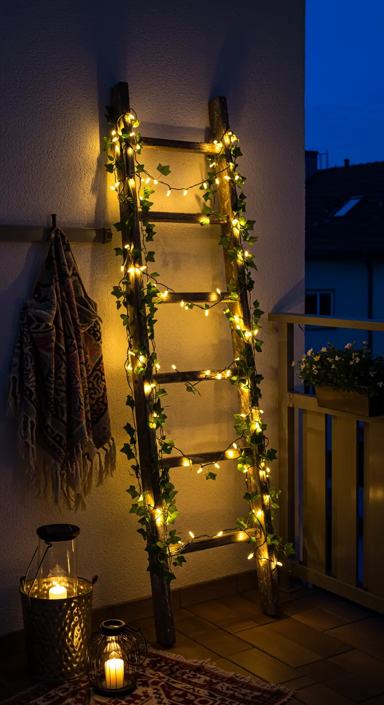 Échelle en bois décorative enroulée d'une guirlande lumineuse et de lierre.