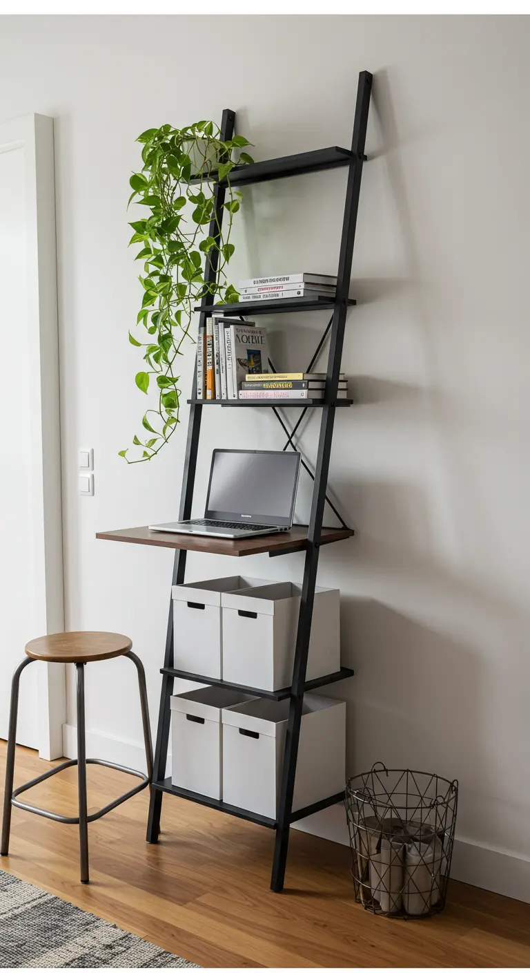 Bureau-échelle noir avec étagères, boîtes de rangement et plante verte.