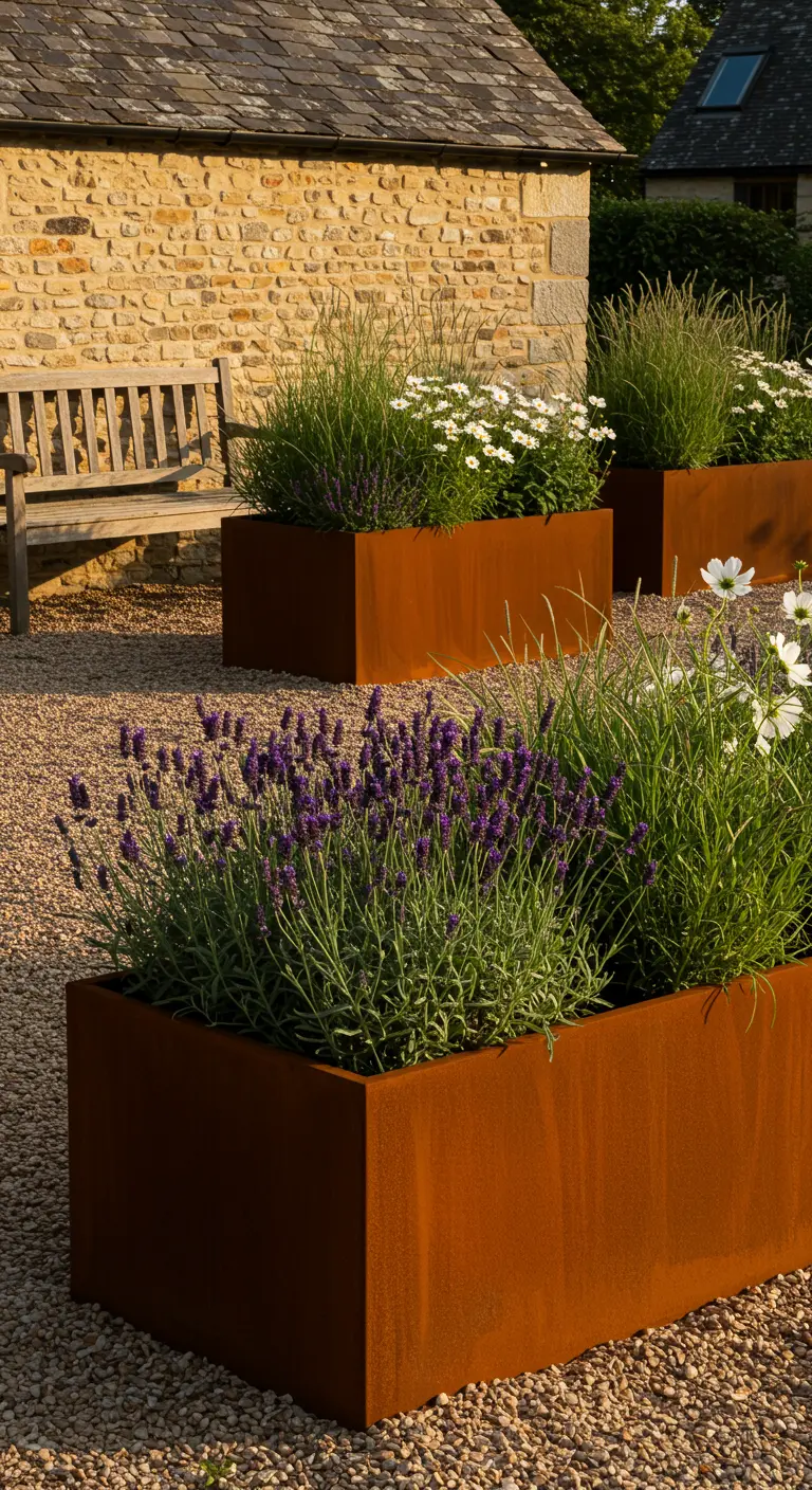 Jardinières en acier Corten avec lavande et graminées sur un patio en gravier.