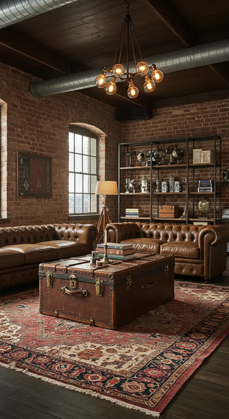 Une malle de voyage en cuir marron utilisée comme table basse dans un salon industriel.