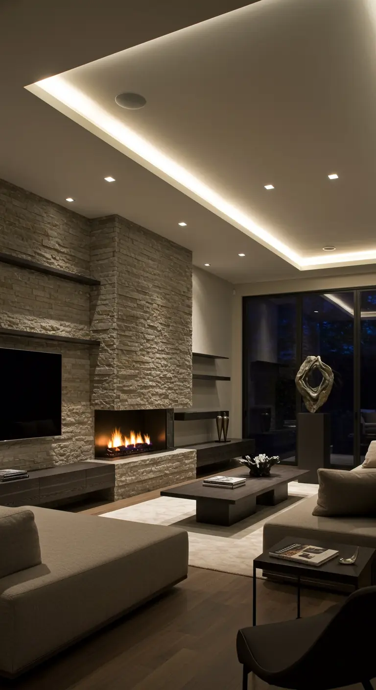 Éclairage LED intégré dans un faux-plafond au-dessus d'une cheminée moderne.