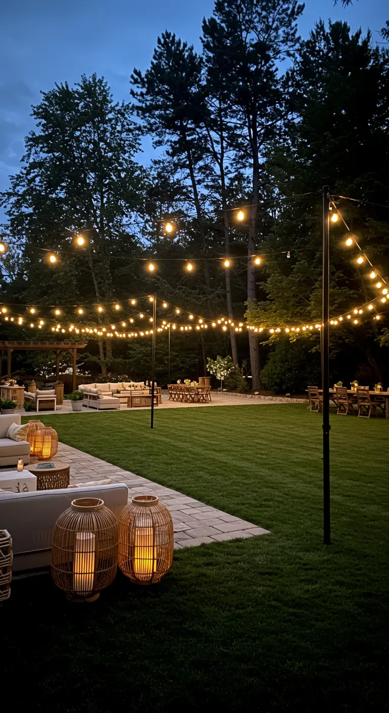Grand jardin aménagé pour une réception avec des guirlandes lumineuses tendues sur des poteaux noirs.