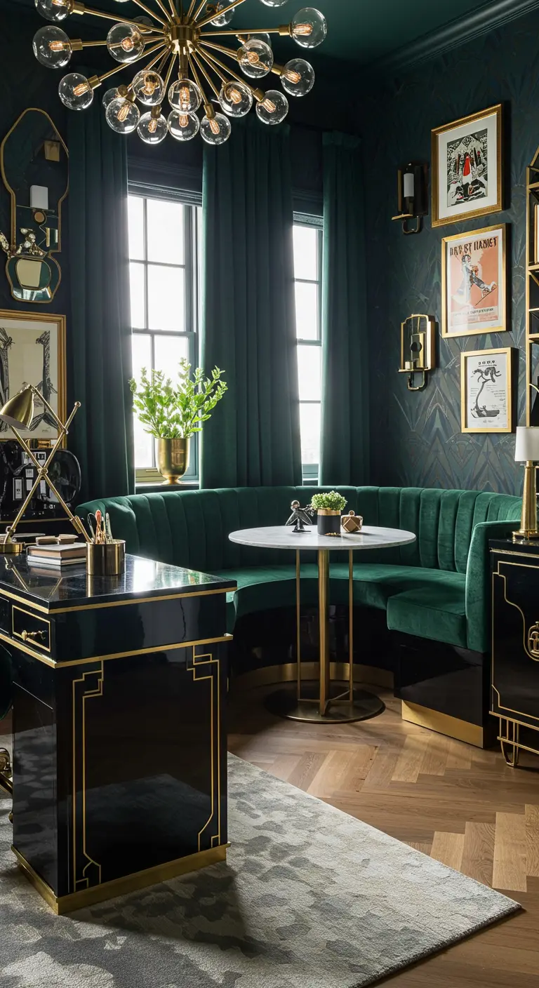 Bureau glamour Art Déco avec mobilier laqué noir et or, banquette velours émeraude