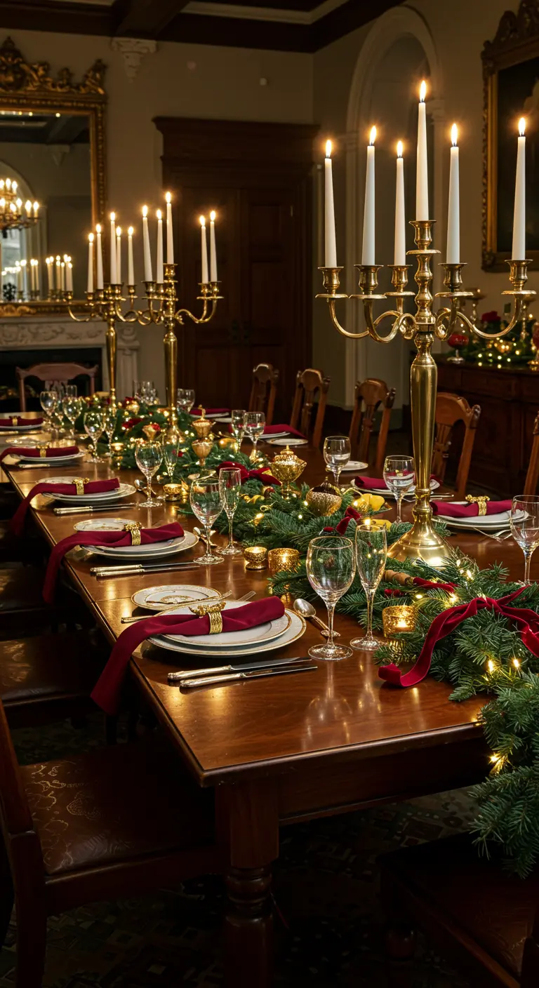 Table de Noël somptueuse avec chemin de table en sapin, chandeliers dorés, vaisselle chic.