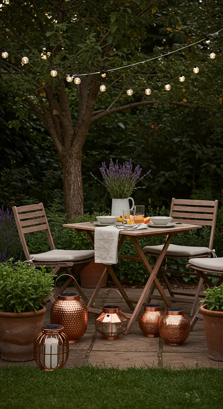Dîner romantique en jardin avec guirlandes solaires et lanternes cuivrées au sol.