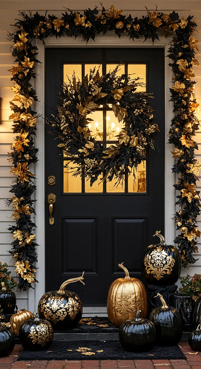 Porte noire avec guirlande et couronne de feuilles noires et dorées.