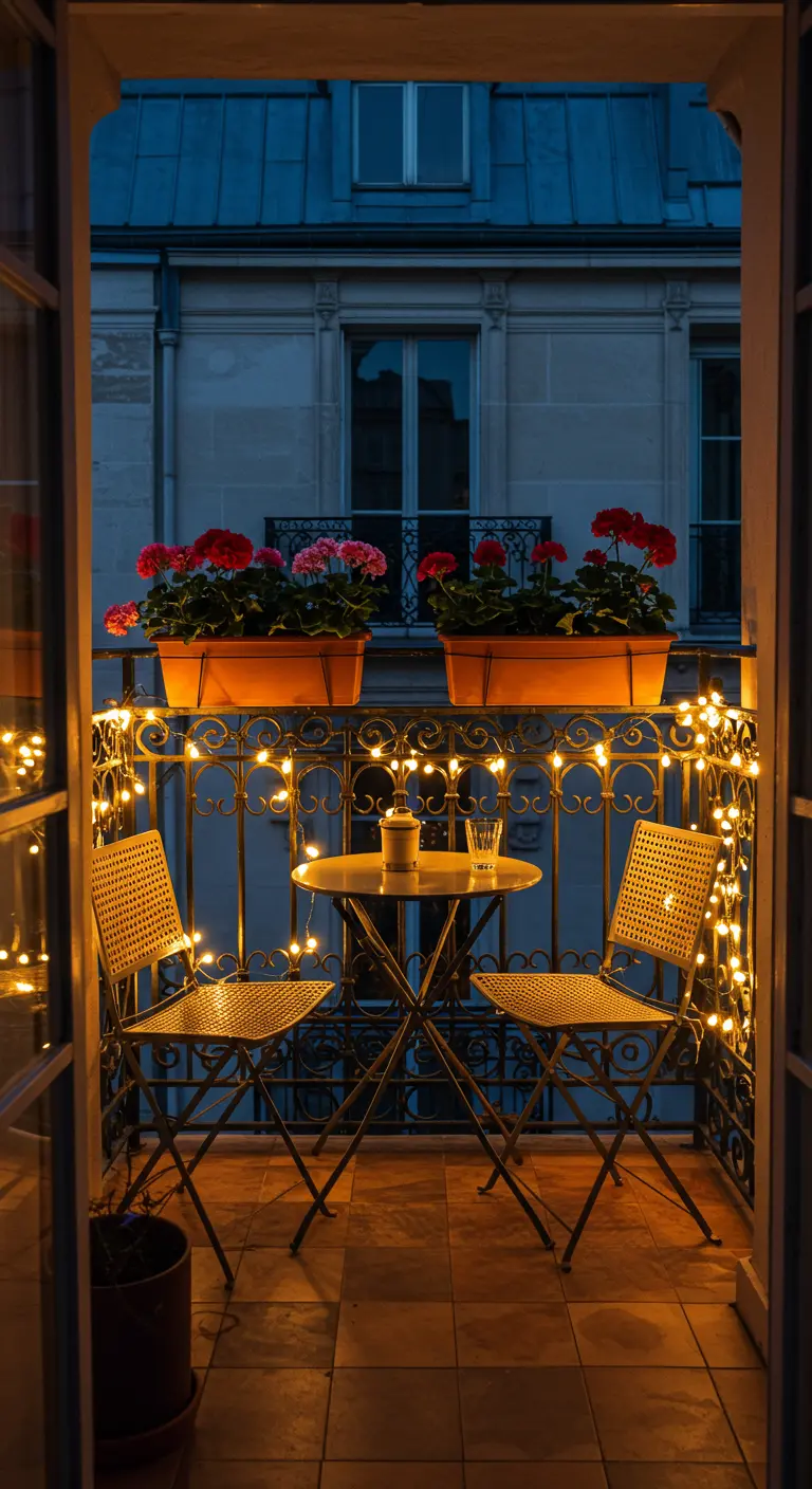 Petit balcon parisien avec une table et deux chaises, la rambarde est décorée de guirlandes.