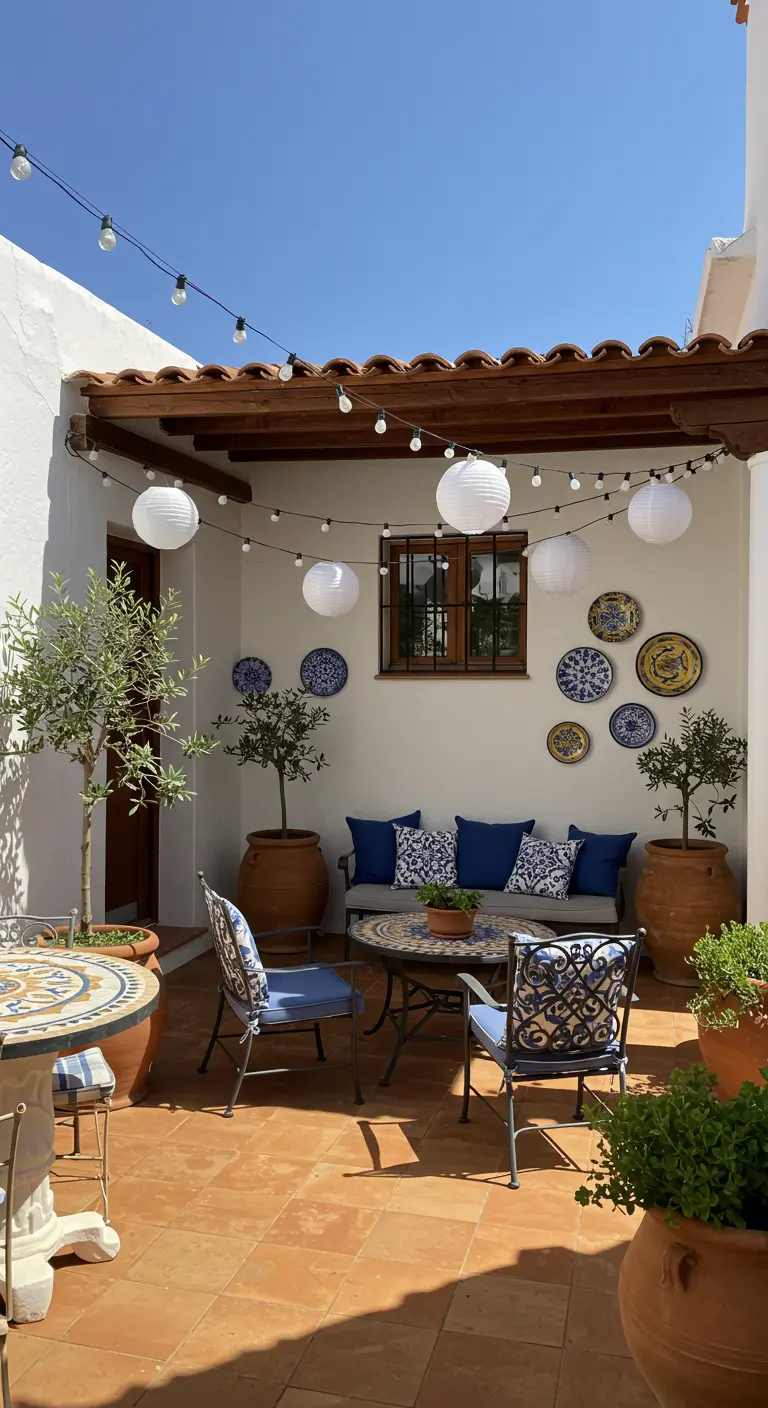 Patio méditerranéen avec murs blancs, sol en terre cuite, lampions blancs, guirlandes et oliviers en pots.