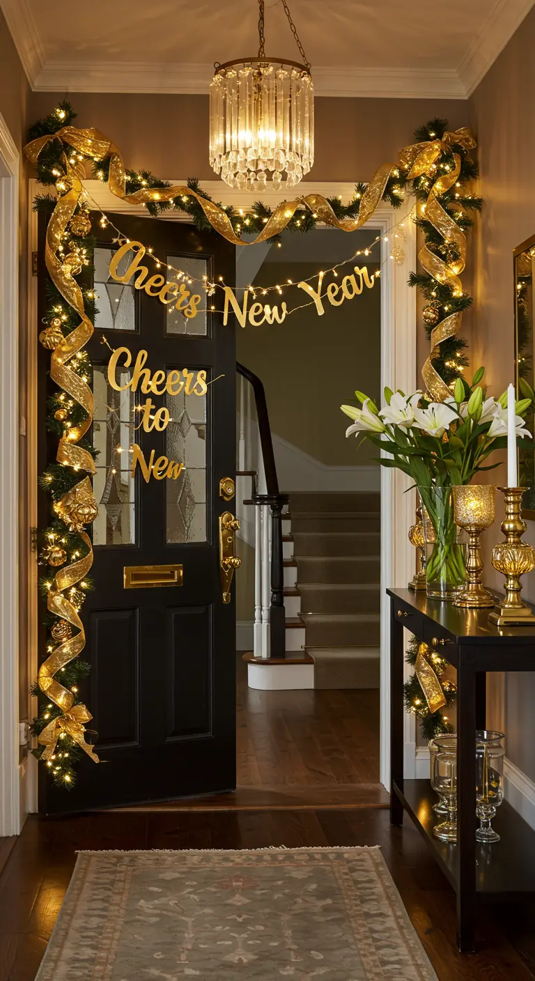 Porte noire ouverte avec guirlande dorée lumineuse et bannière 