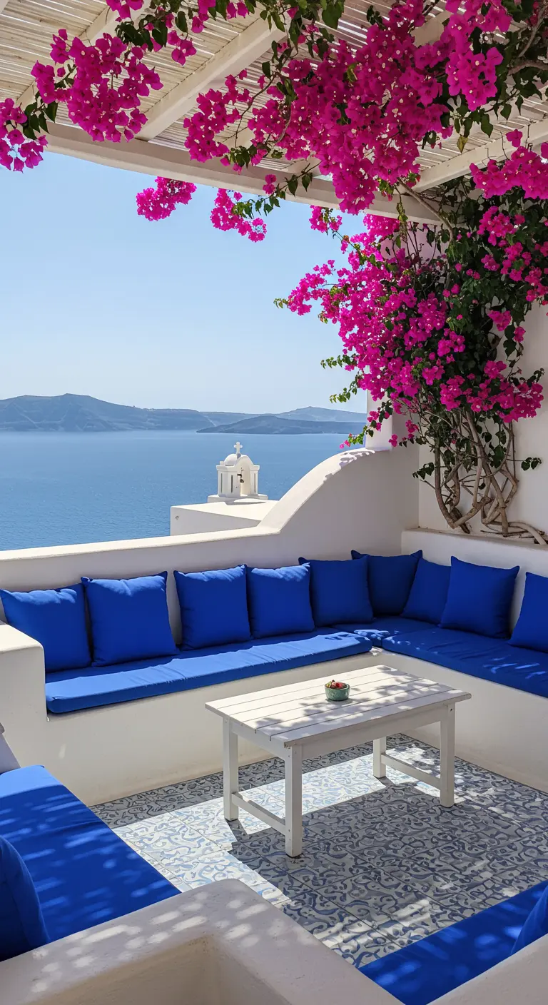 Terrasse méditerranéenne avec banquette blanche, coussins bleus et bougainvillier fuchsia.
