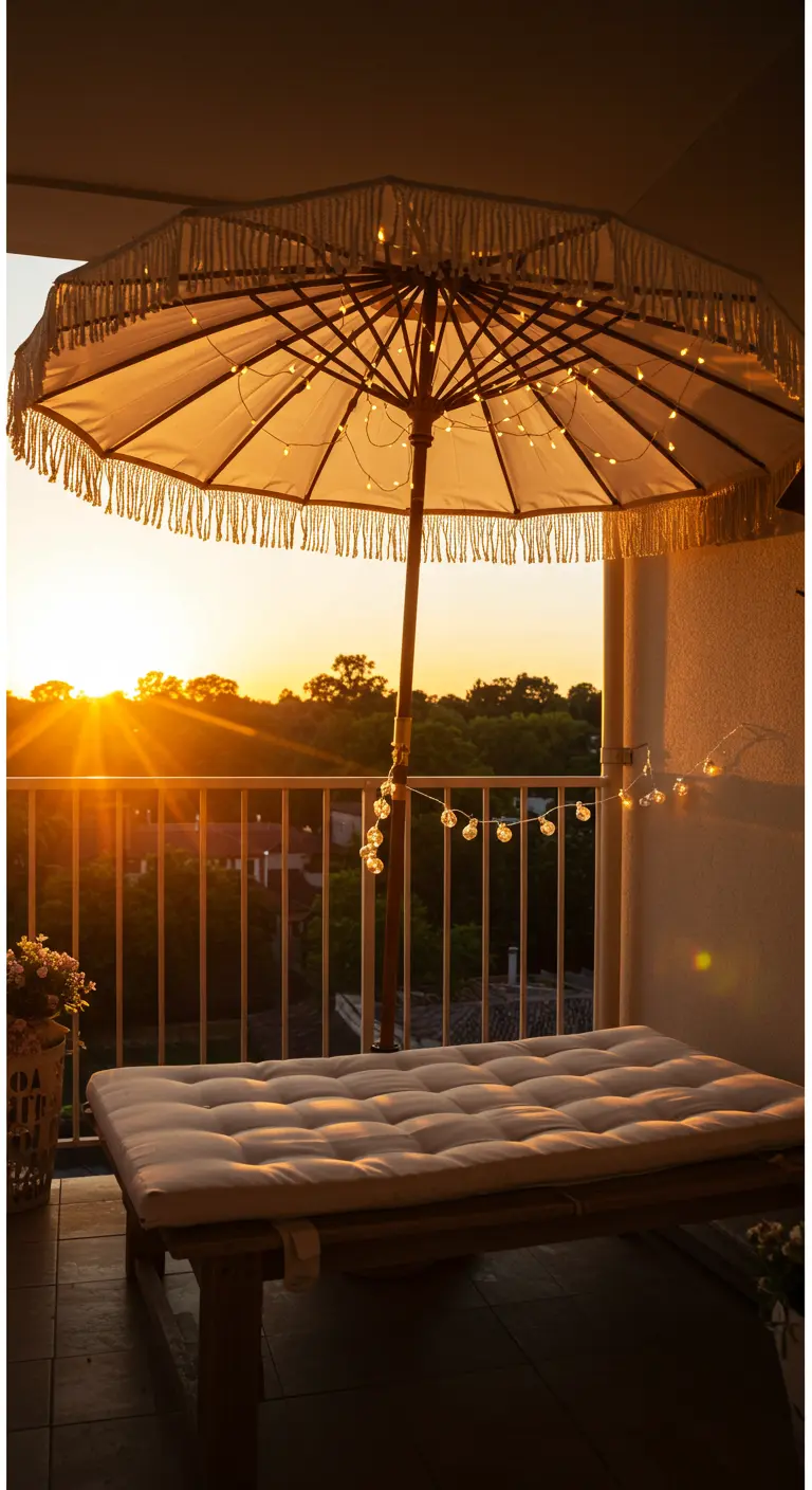 Un parasol à franges sur un balcon, avec une guirlande lumineuse enroulée à l'intérieur.