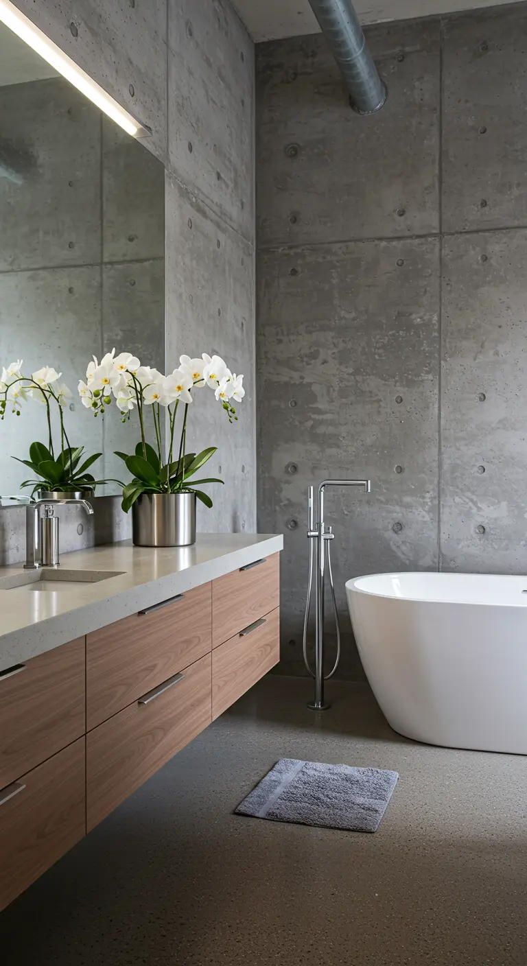 Une orchidée blanche dans un pot cylindrique en métal sur un meuble de salle de bain en bois.