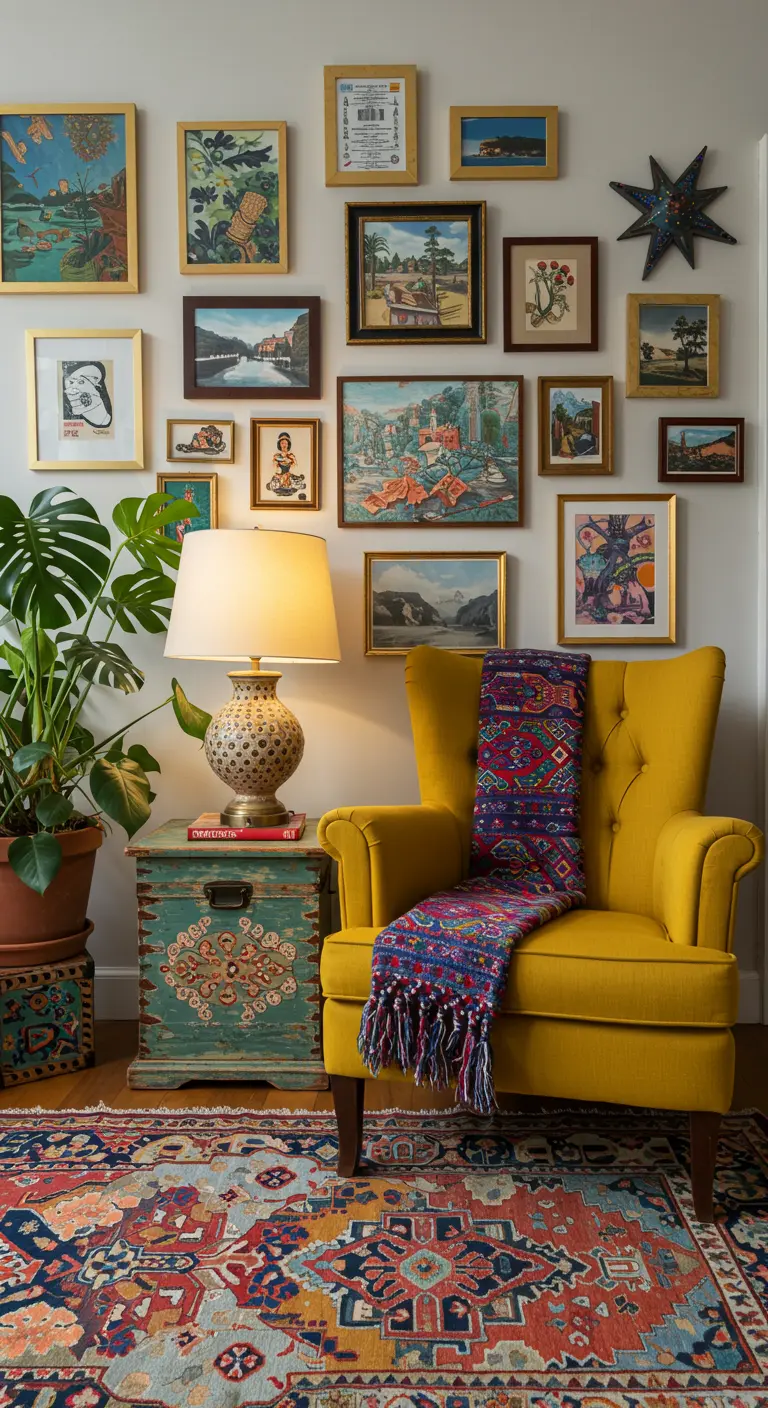 Fauteuil jaune moutarde, plaid coloré, commode peinte, mur de cadres, plante verte luxuriante.