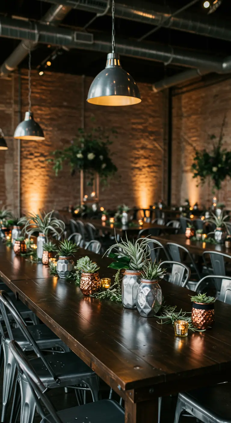 Longue table en bois sombre avec des centres de table métalliques (cuivre et gris) et plantes aériennes.