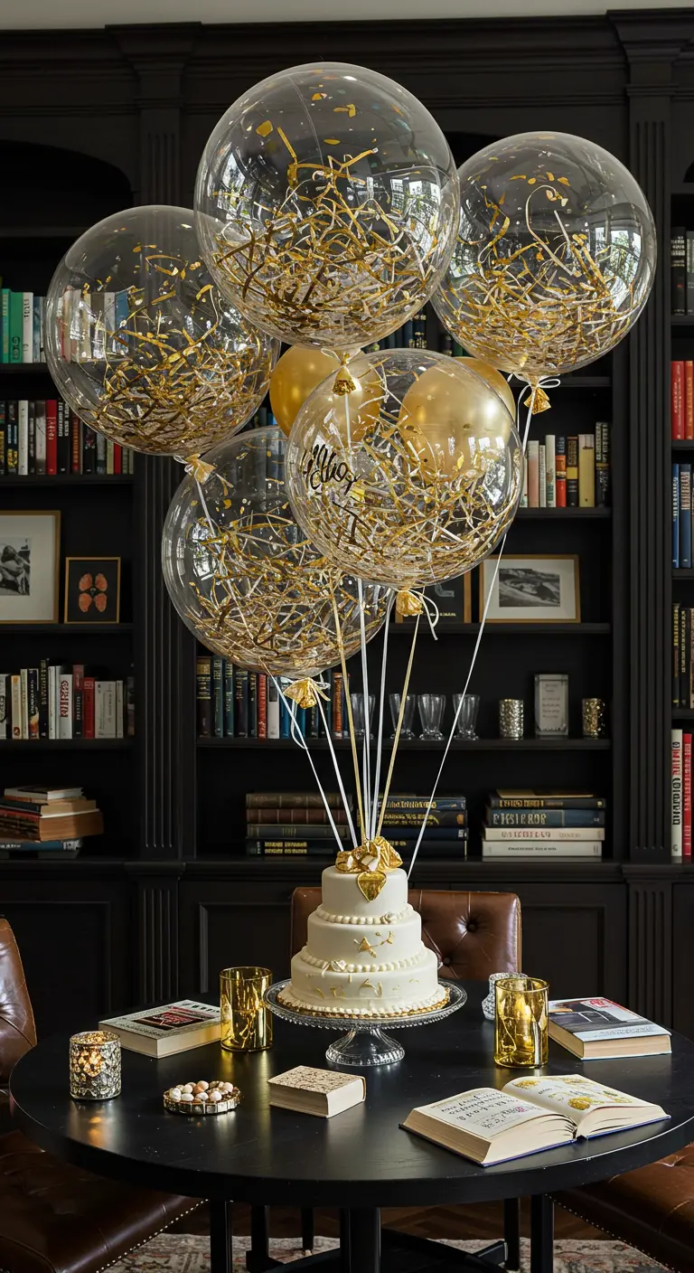 Bouquet de ballons transparents remplis de serpentins dorés devant une bibliothèque sombre.