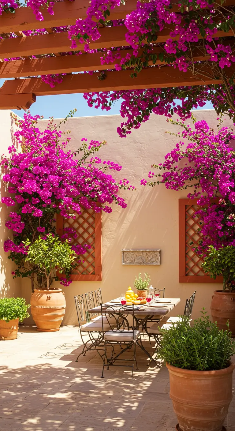 Terrasse méditerranéenne avec des bougainvilliers fuchsia sur des treillis et un mobilier en fer forgé.