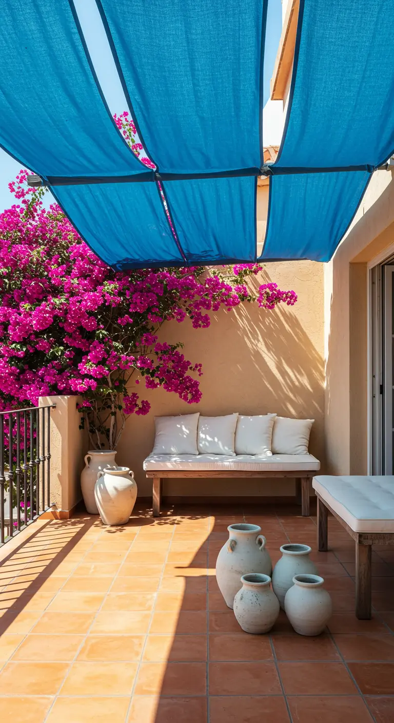Terrasse ensoleillée avec des voiles d'ombrage bleus, un bougainvillier fuchsia et des poteries.