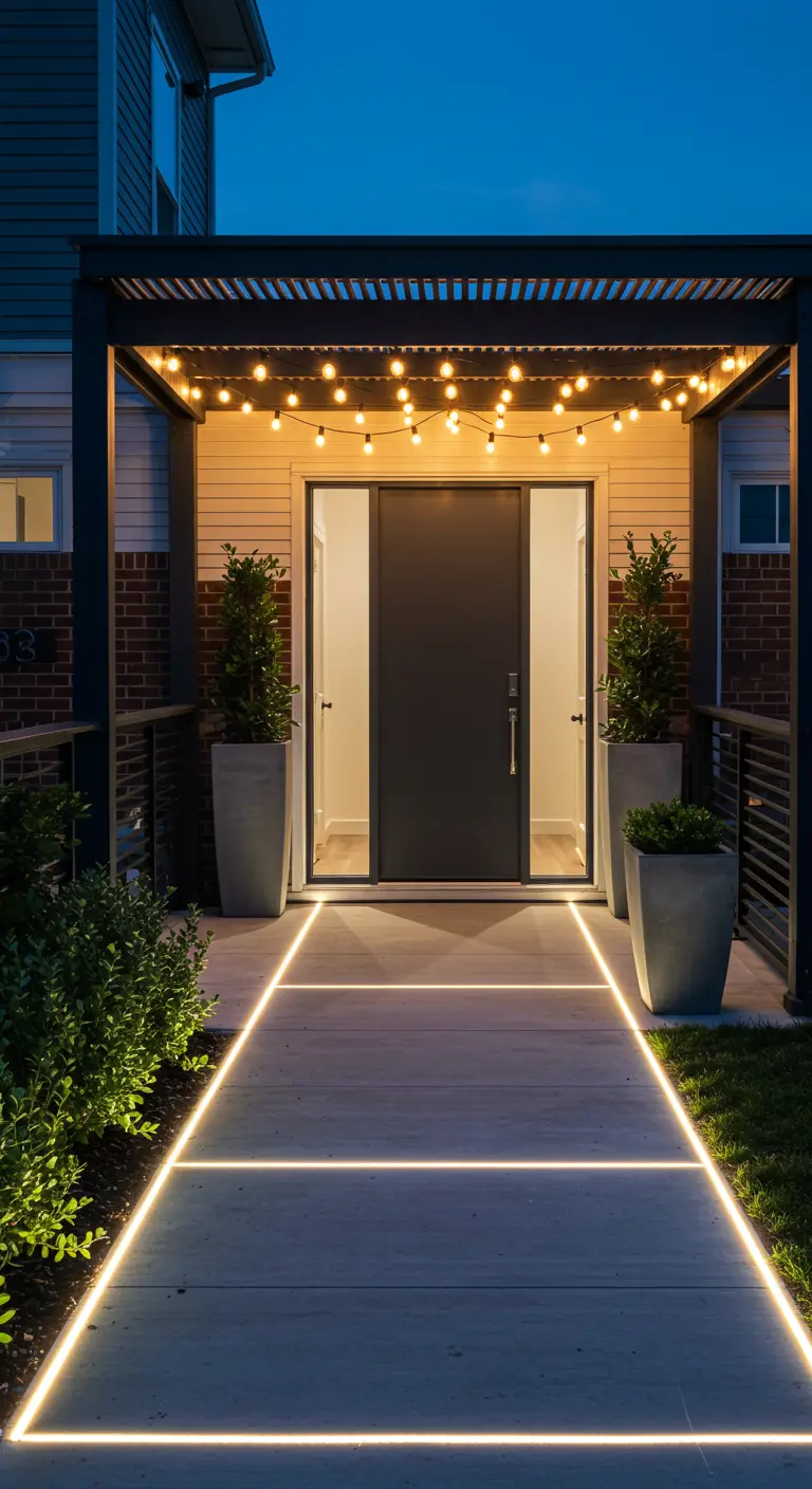 Entrée de maison moderne avec des bandes lumineuses LED au sol et des guirlandes lumineuses sous une pergola.