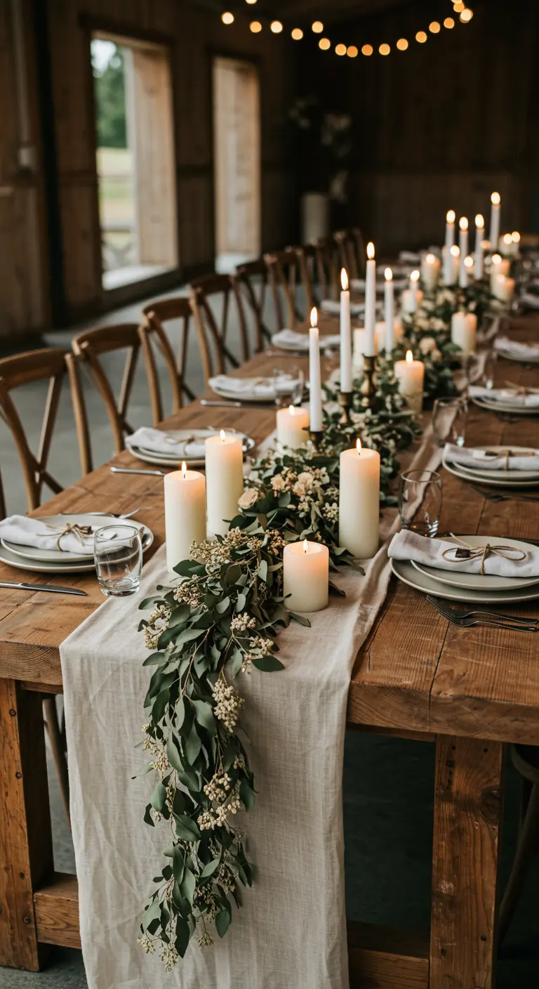Longue table en bois avec chemin de table en lin, guirlande d'eucalyptus, bougies blanches et guirlandes lumineuses.