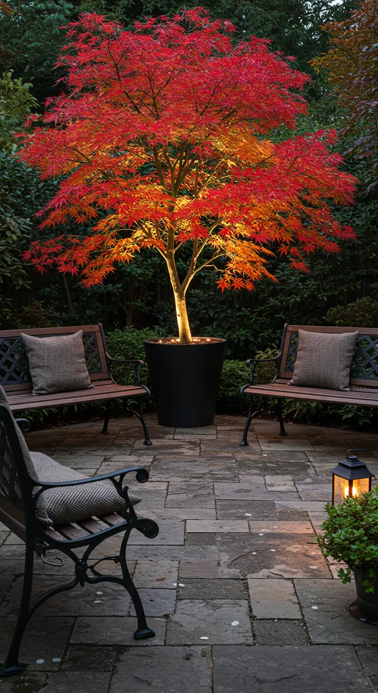 Érable japonais aux feuilles rouges illuminé par un spot la nuit.