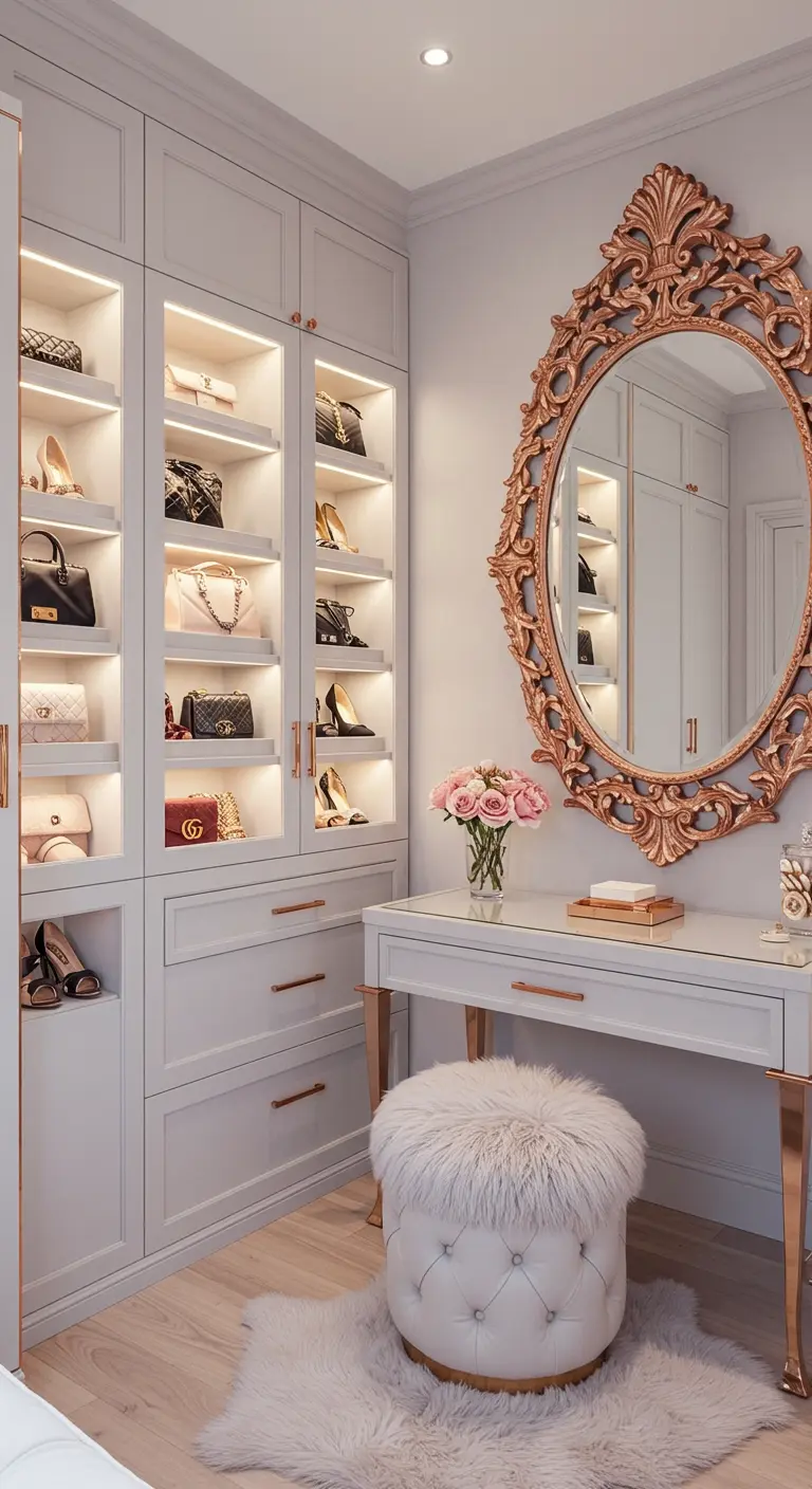 Coin coiffeuse avec un grand miroir orné en or rose et un tabouret en fausse fourrure.