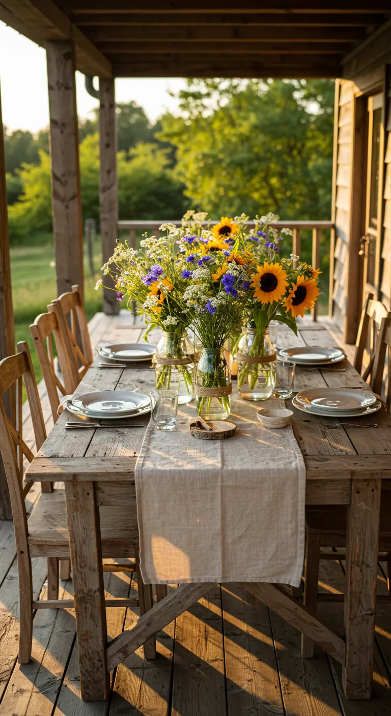 Table en bois rustique avec trois vases de tournesols et fleurs sauvages.