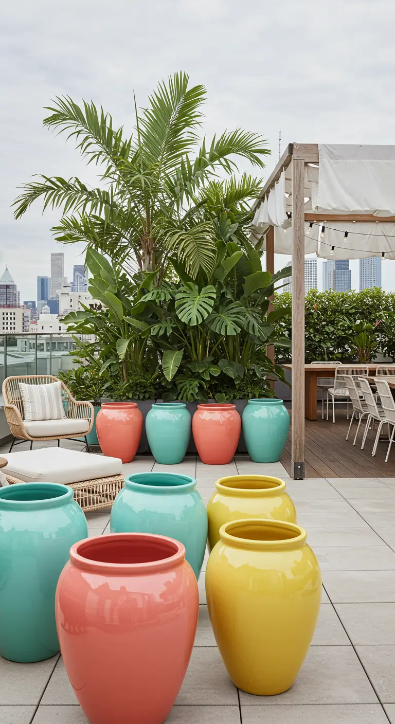Terrasse urbaine avec de grands pots corail, turquoise et jaunes, garnis de plantes tropicales luxuriantes.