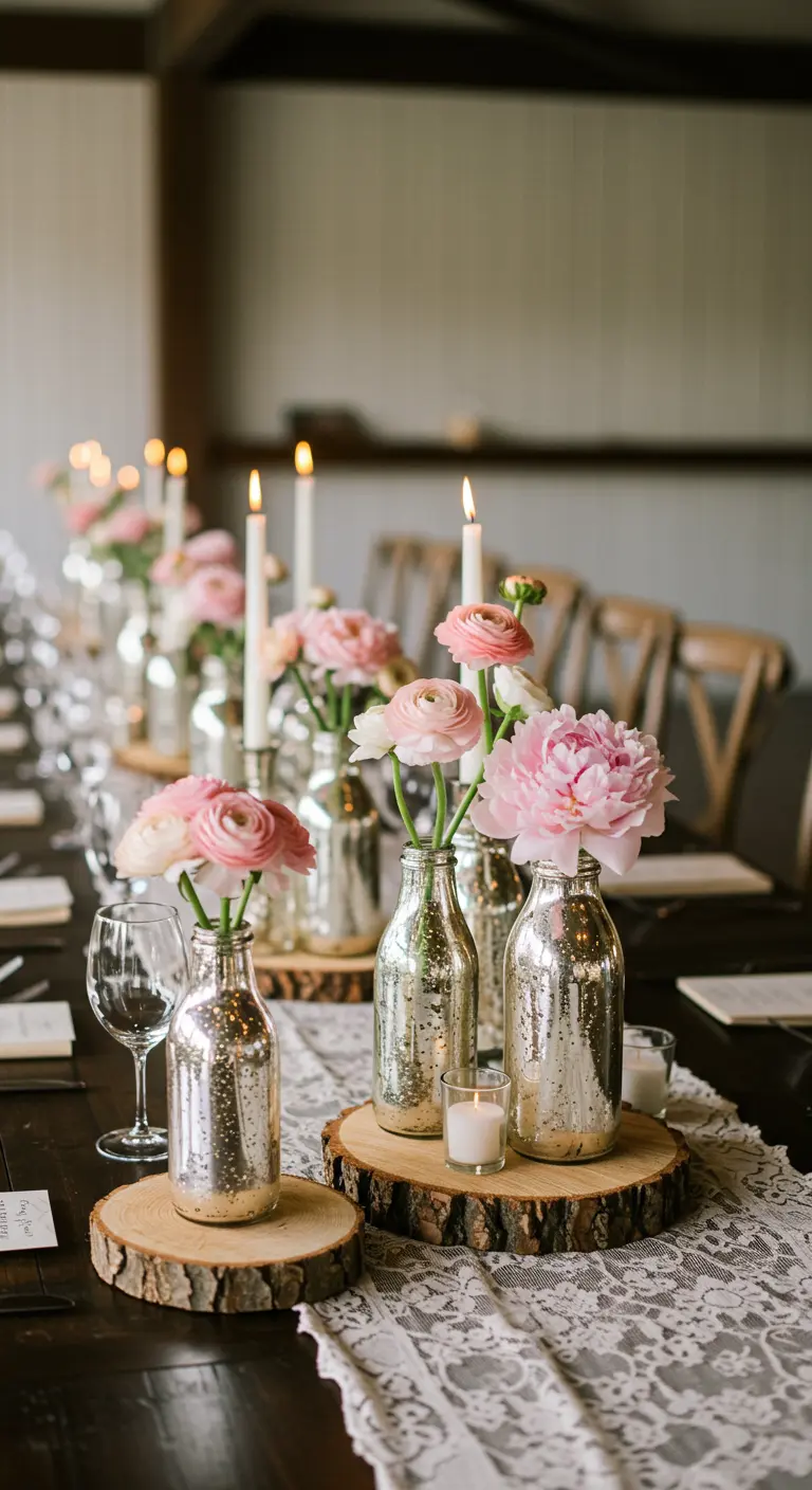Bouteilles en verre mercurisé avec fleurs roses sur des rondins.