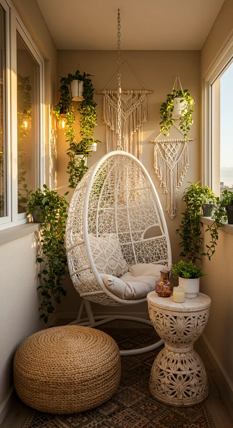 Fauteuil œuf suspendu blanc dans un coin de balcon décoré de macramé et de plantes.