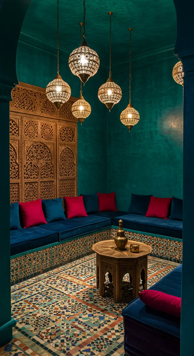 Salon marocain avec murs bleu-vert, mosaïques au sol et lanternes en laiton.