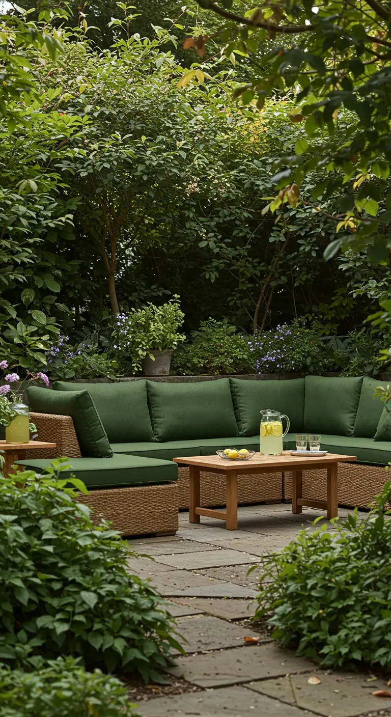 Canapé d'angle vert forêt niché dans un jardin verdoyant et luxuriant.