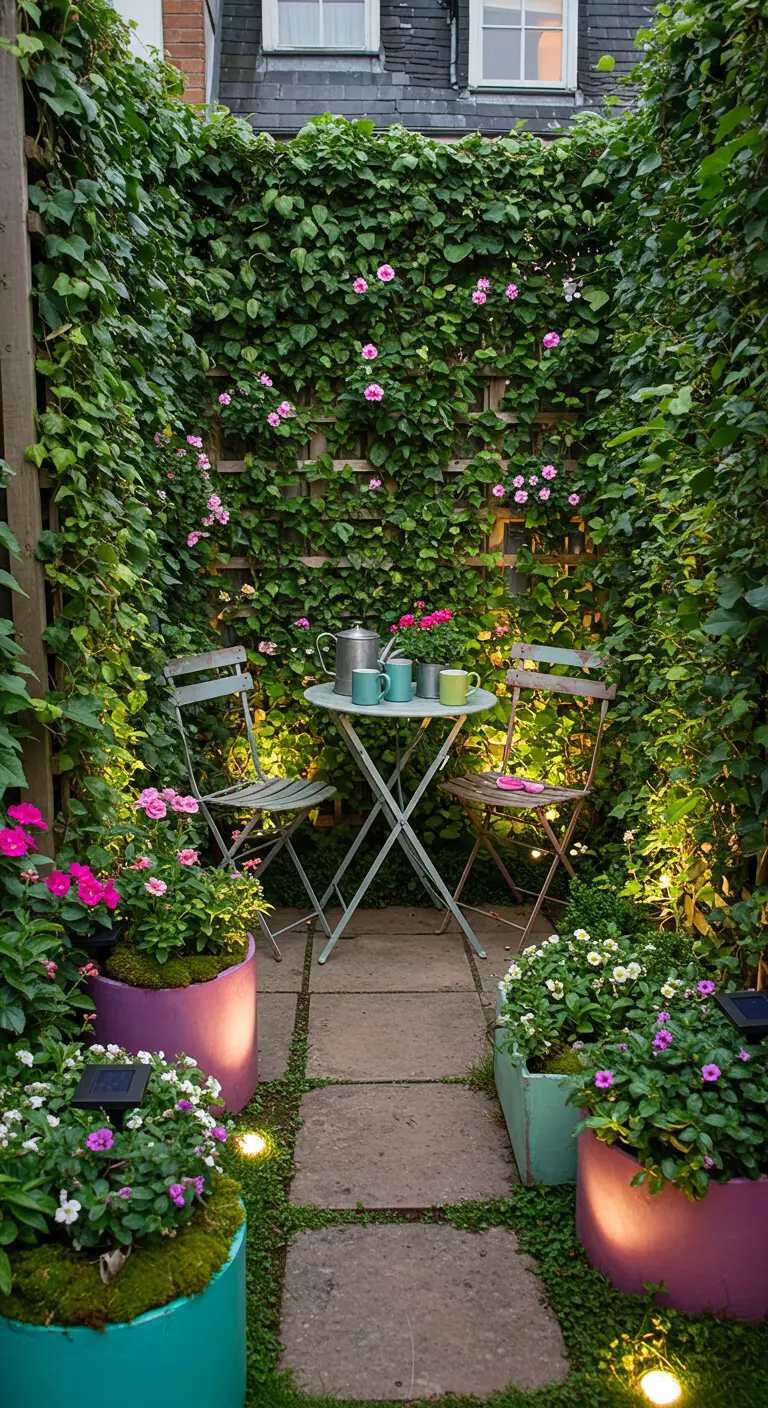 Petite cour transformée en jardin luxuriant avec des treillages et des plantes grimpantes.