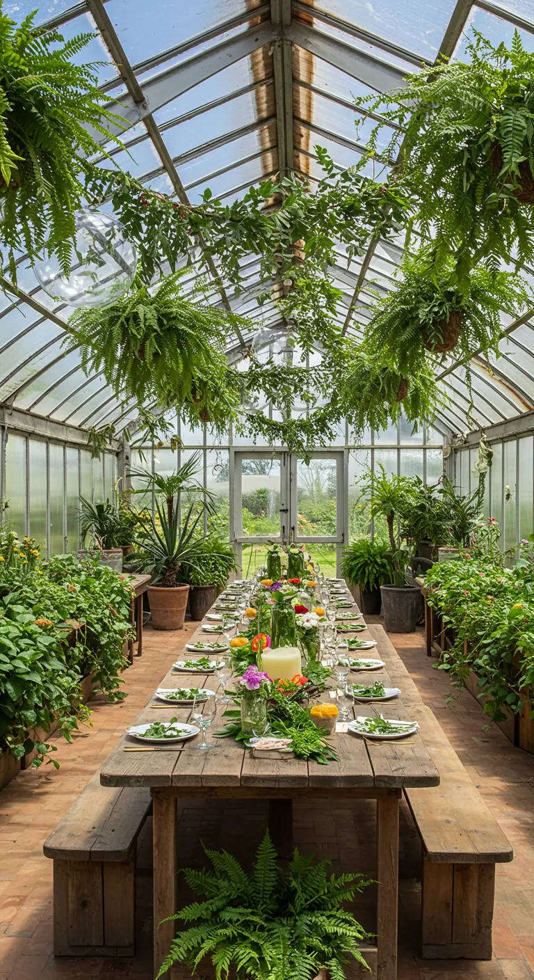 Longue table en bois dressée pour un repas dans une serre remplie de plantes vertes.