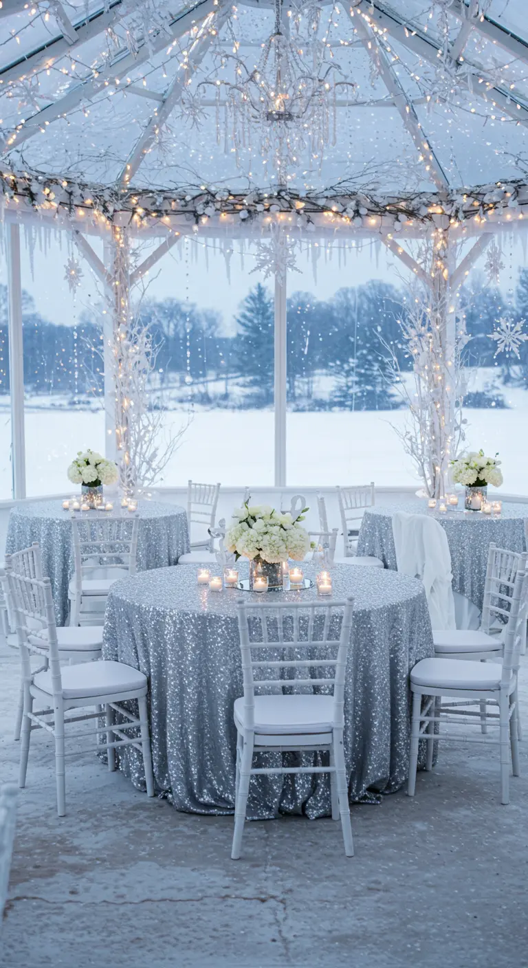 Gazebo décoré de guirlandes, flocons, nappes à paillettes argentées et bouquets blancs.
