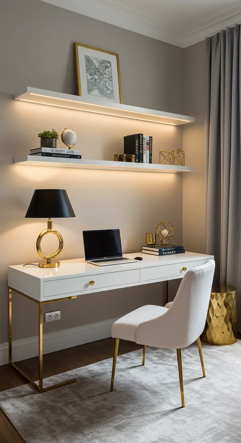 Bureau blanc et or avec des étagères flottantes éclairées par des bandeaux LED.