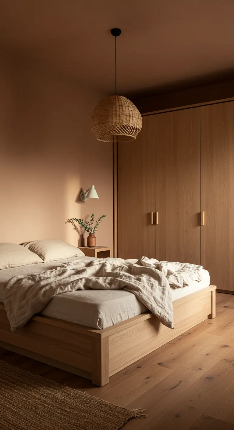 Chambre monochrome terracotta avec lit en bois clair et suspension en rotin.