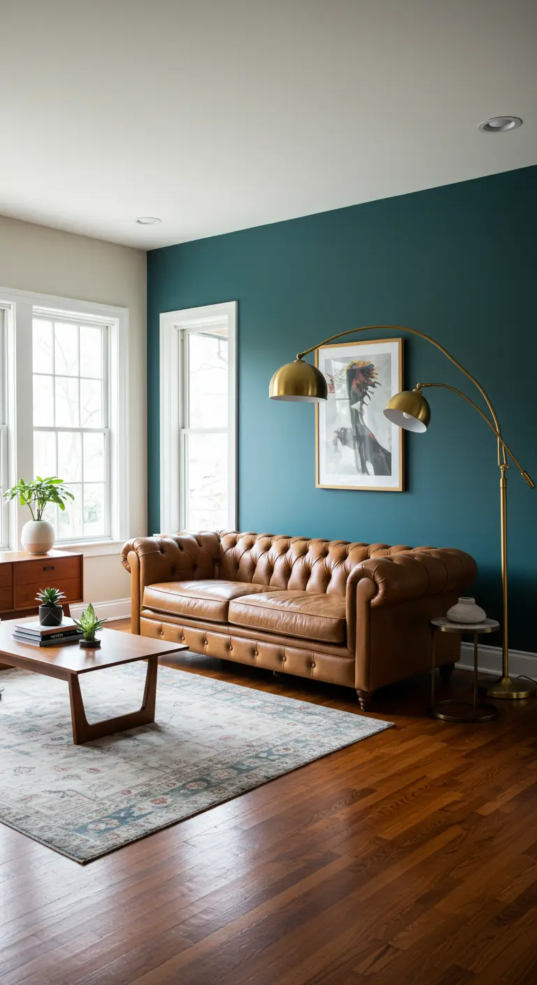 Salon élégant avec un mur d'accent bleu sarcelle derrière un canapé Chesterfield en cuir.
