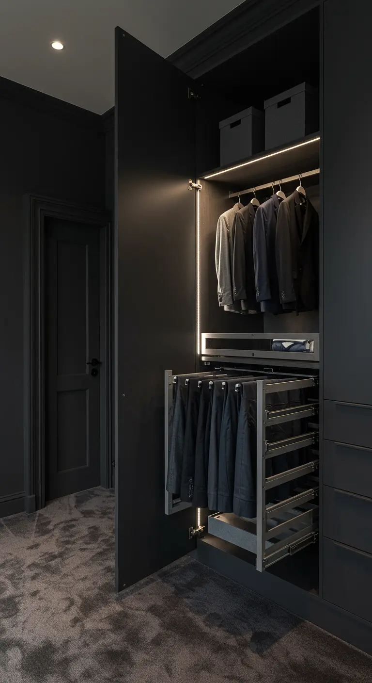 Intérieur d'une armoire noire avec éclairage LED et un porte-pantalons coulissant.
