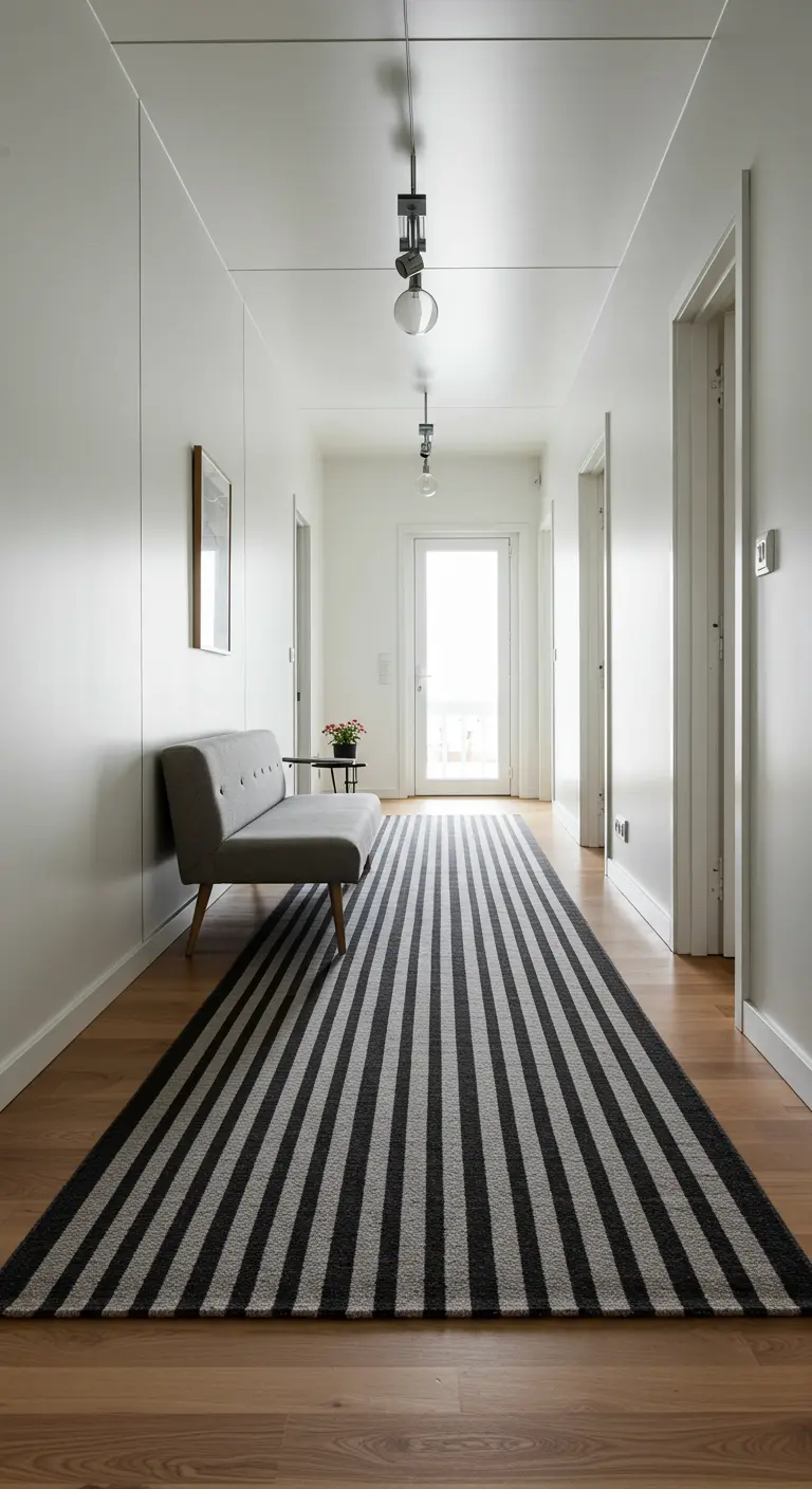 Couloir étroit avec banc gris et long tapis à rayures noires et blanches.