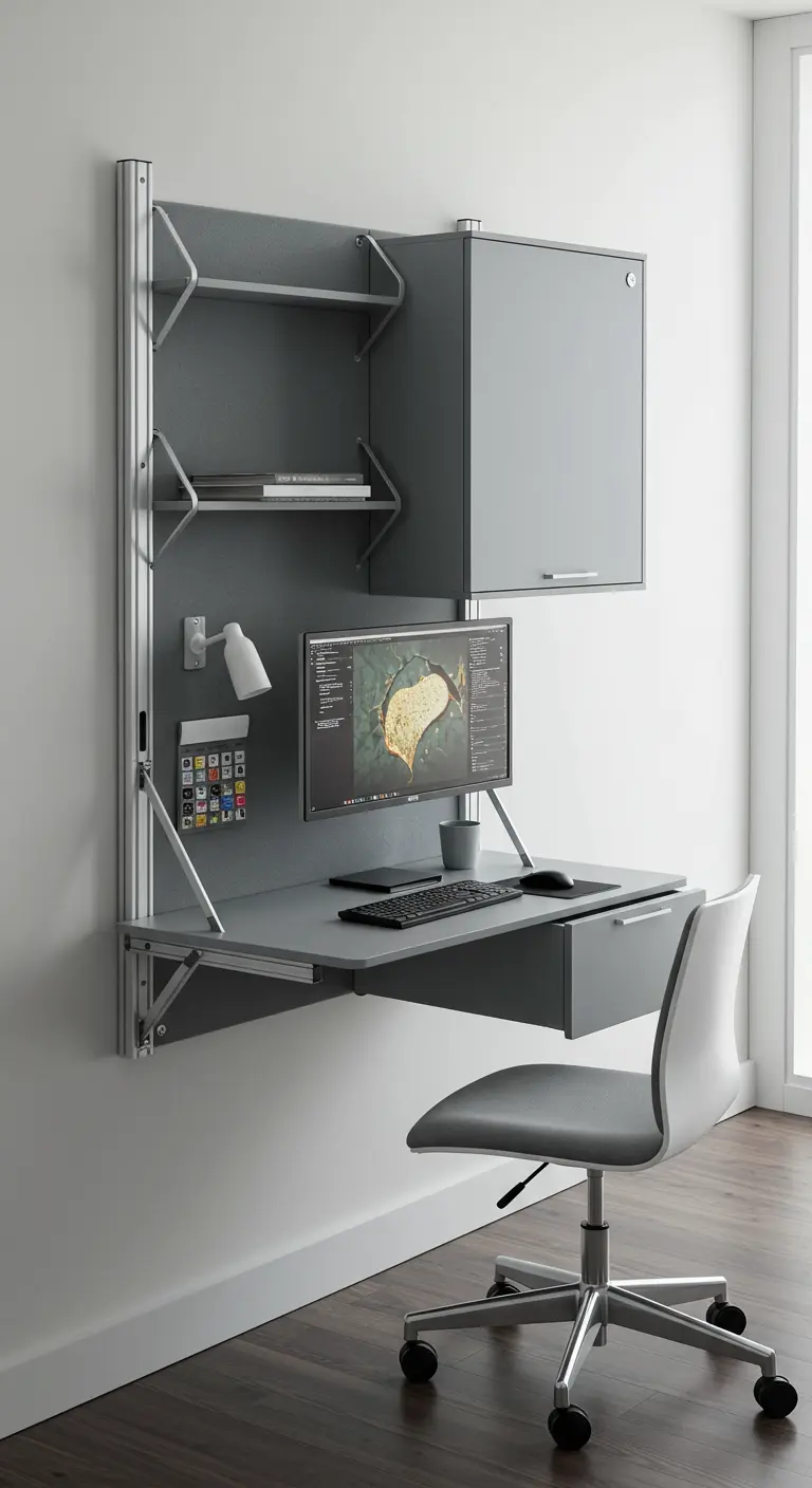 Système de bureau mural modulaire en aluminium gris avec bureau rabattable et rangements.